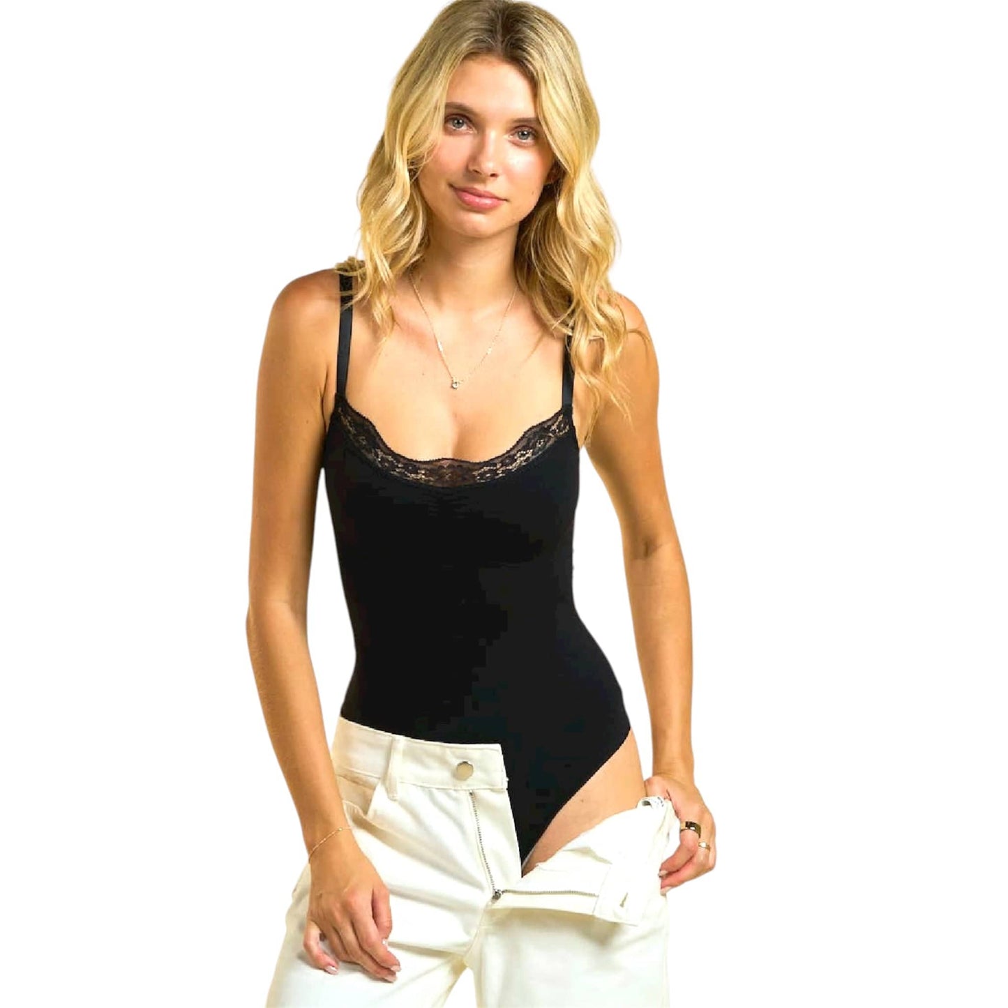 Black Lace Trim Seamless Bodysuit