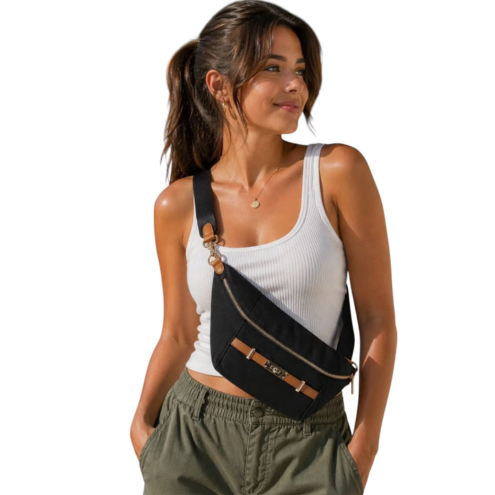 Black Canvas Bum Bag with Leather Trim