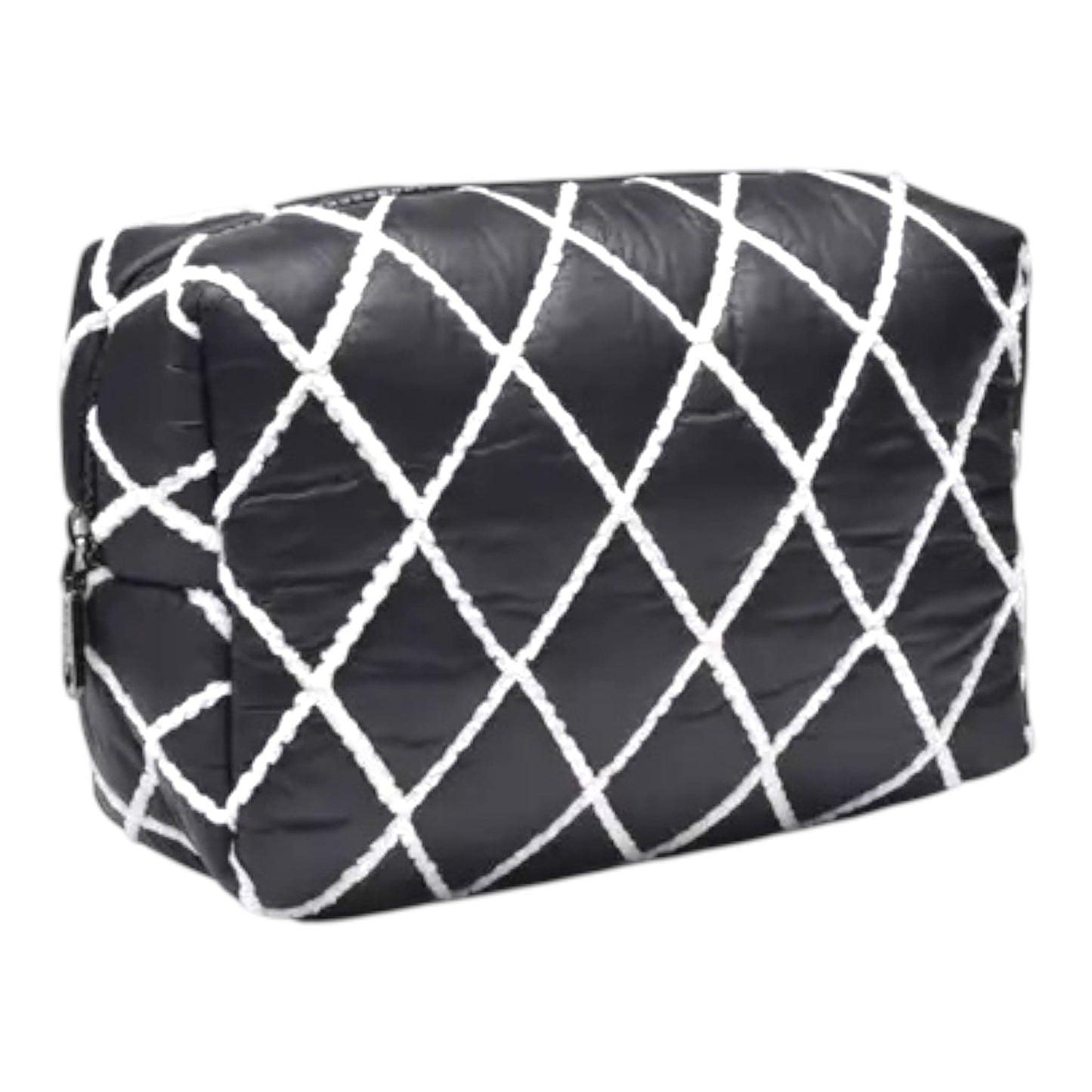 Black and White Nylon Quilted Cosmetic Pouch