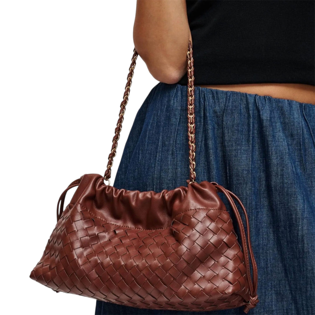 Brown Soft Woven with Luxe Chain Strap Shoulder Bag