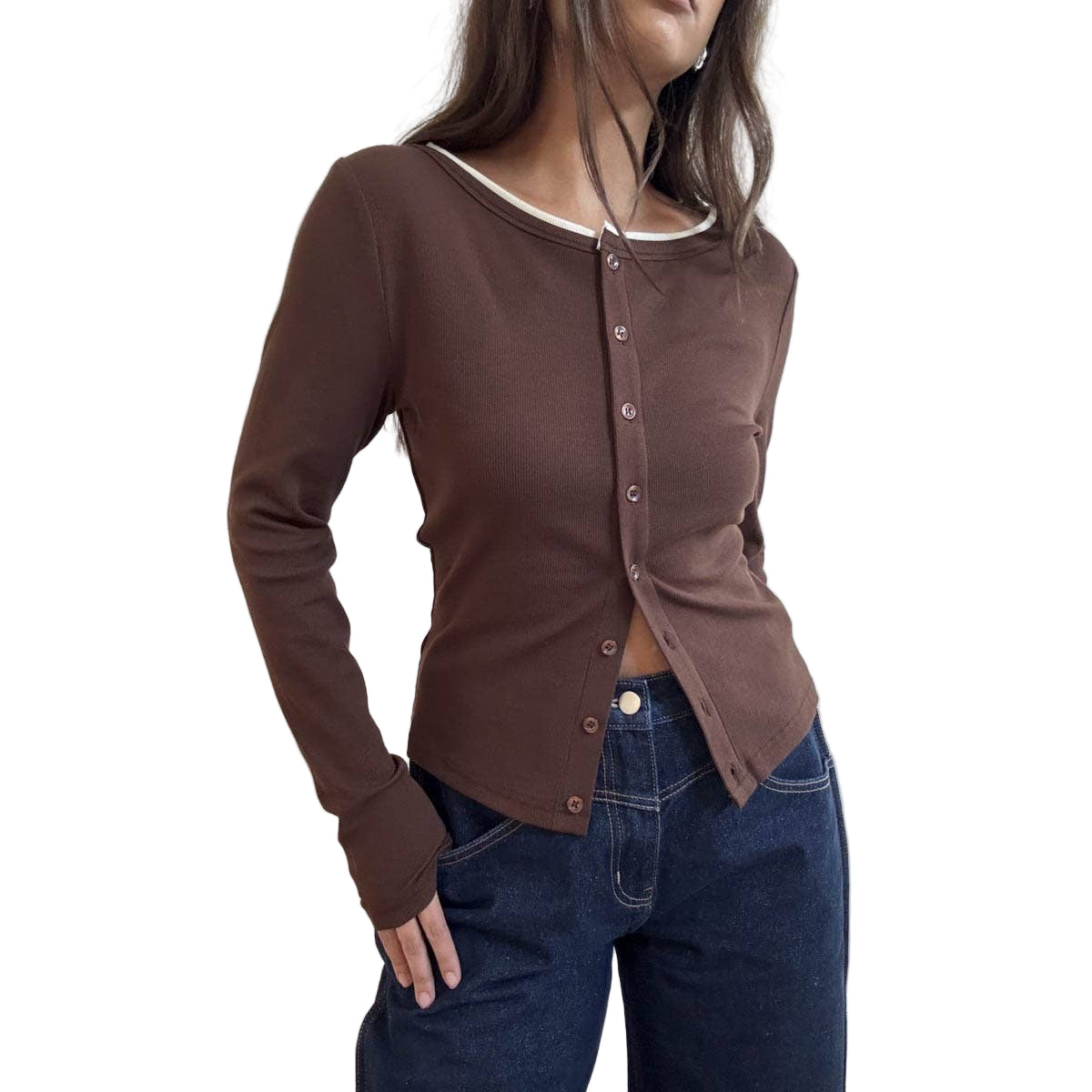 Brown and White Contrast Neck Edge Detail Cardigan