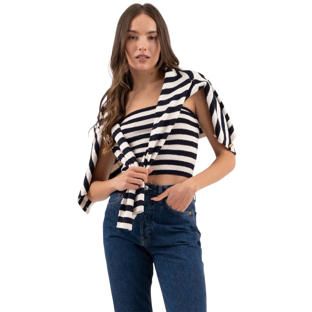 Stripe Strapless Sweater Knit Tube Top in Navy