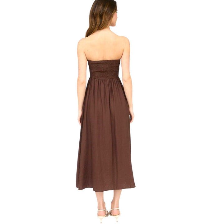 Brown Pleated Bodice Strapless Midi Dress