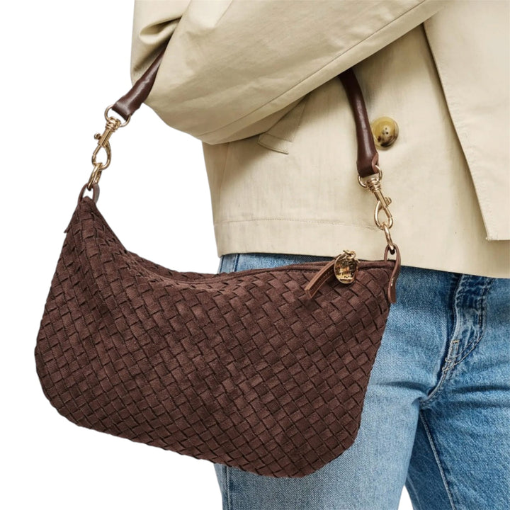 Espresso Faux Suede textured woven hobo Crossbody