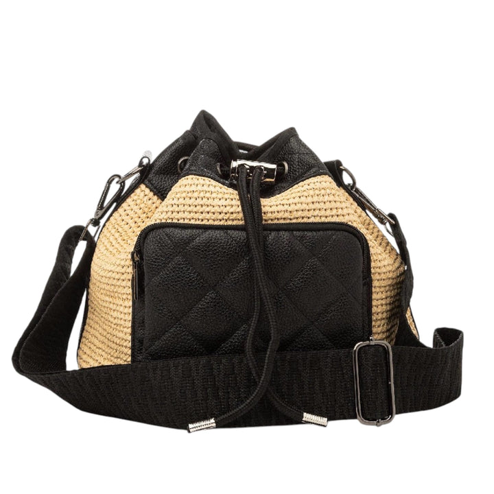 Beige Raffia Bucket bag with Black Leather Accents