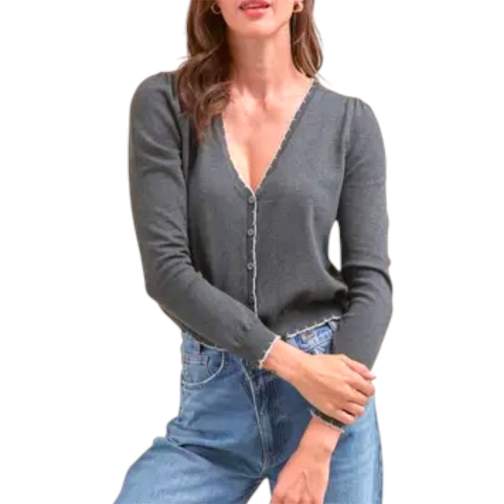 Charcoal Grey Contrast Scalloped Edge Cardigan Sweater