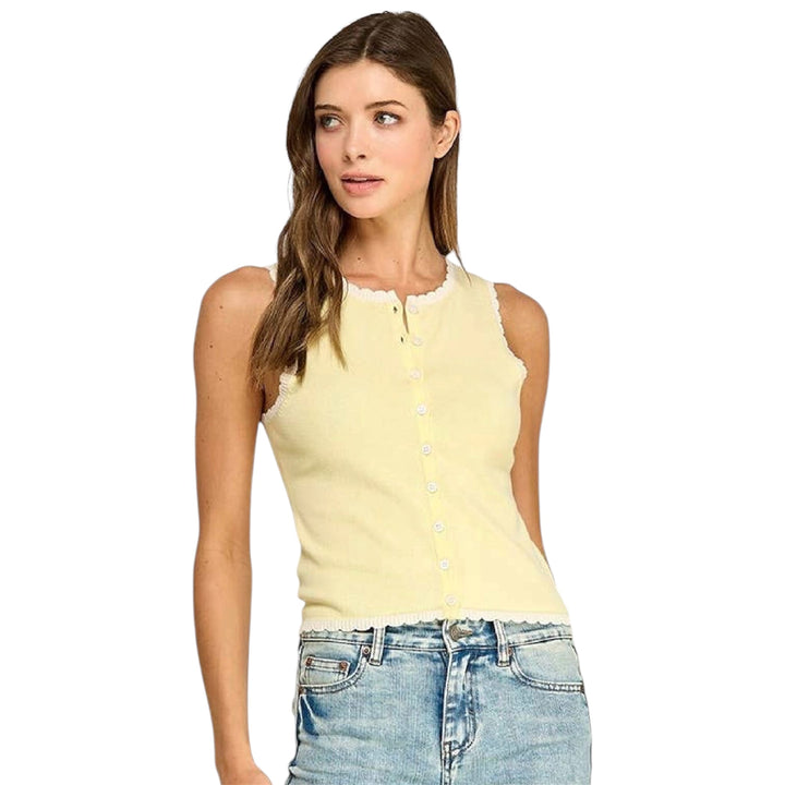 Yellow knit sleeveless cardigan with white detail
