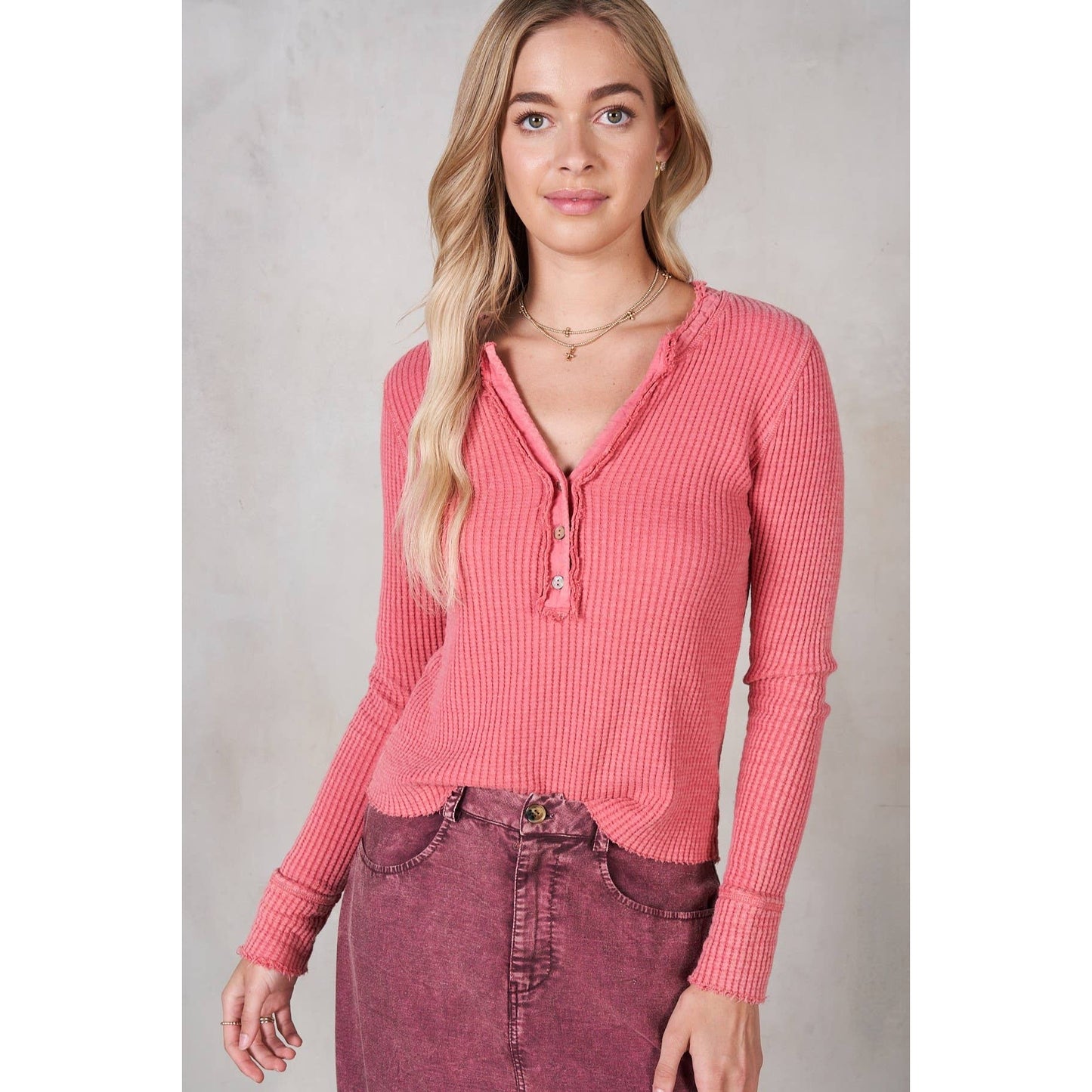 Scarlet Garment Dye Waffle Long Sleeve Top