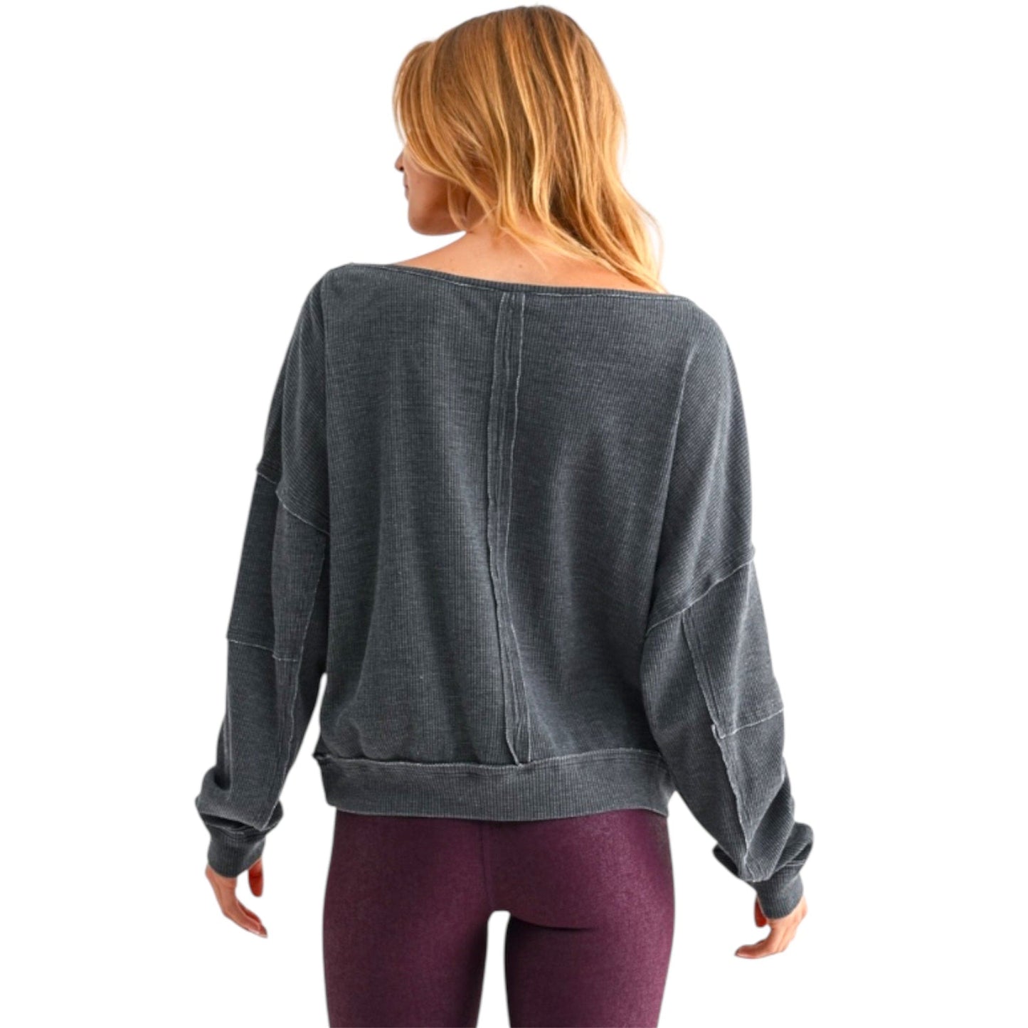 Raw Edge Waffle Off the Shoulder Black Pullover