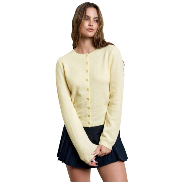 Butter Yellow Round Neck Button Down Cardigan