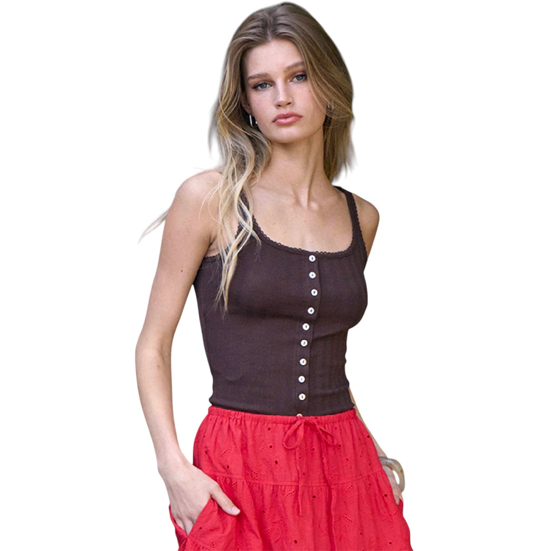 Brown Pointelle Ribbed Button Front Cami