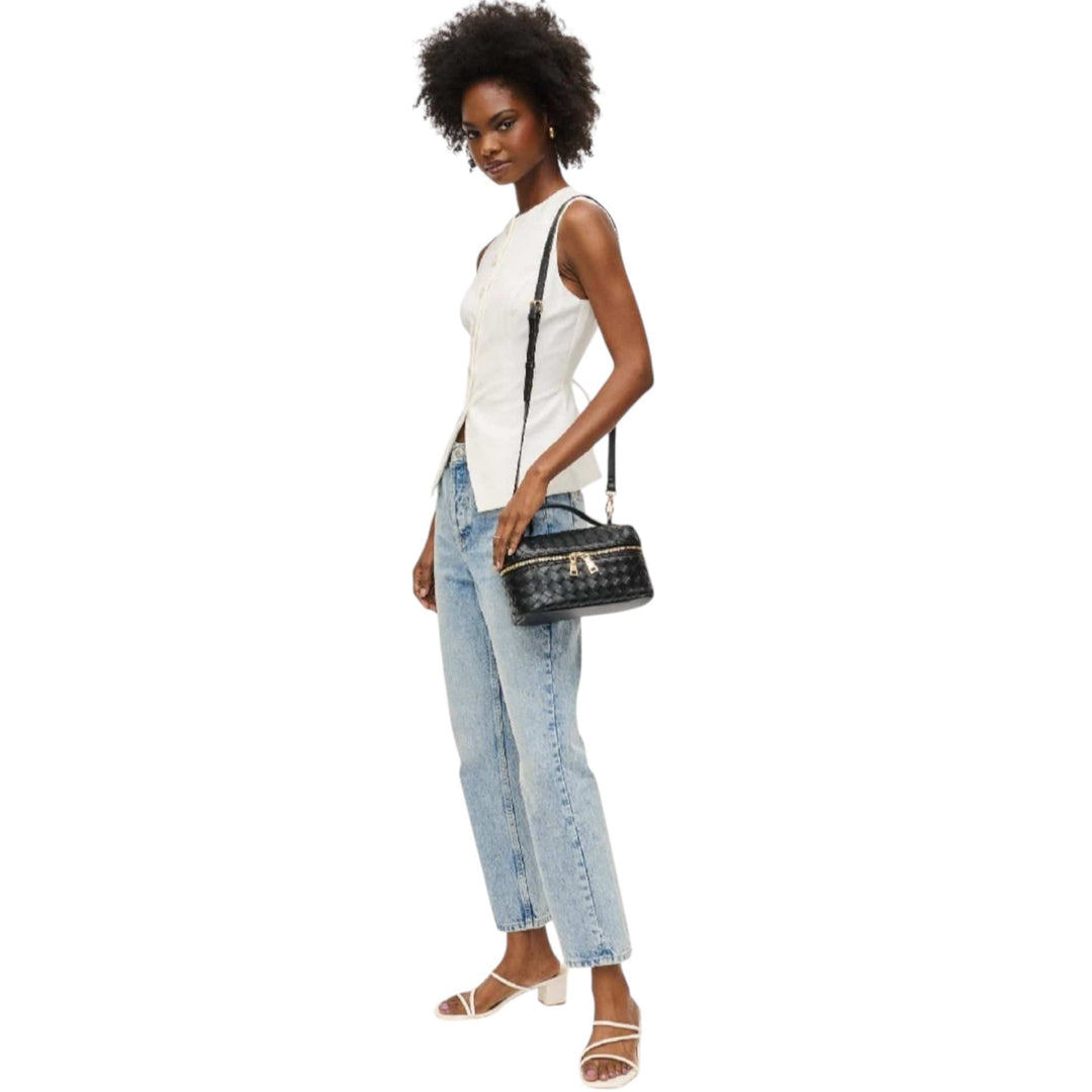 Black Woven Top Handle Crossbody Handbag
