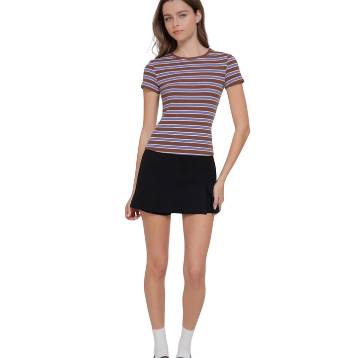 Brown and Blue Short Sleeve Multi-Striped Rib Knit Top