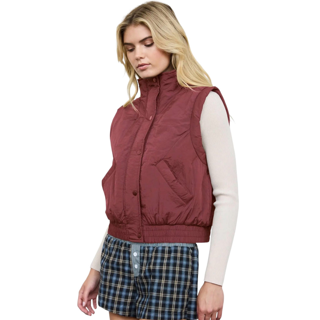 Burgundy Cropped Mock Neck Snap Puffer Vest