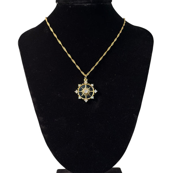 Black Celestial Compass Starburst Pendant on Gold Chain
