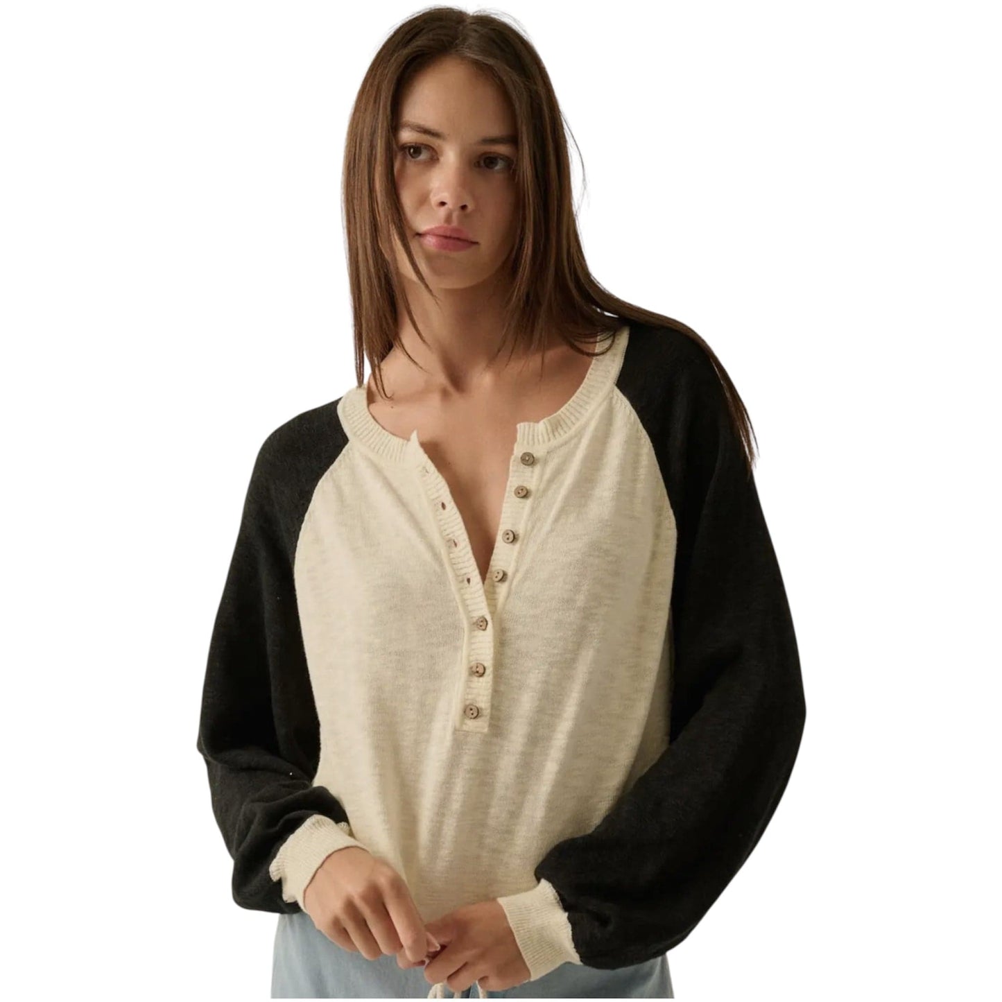 Color Block Slub Knit Henley Raglan Sleeve Sweater