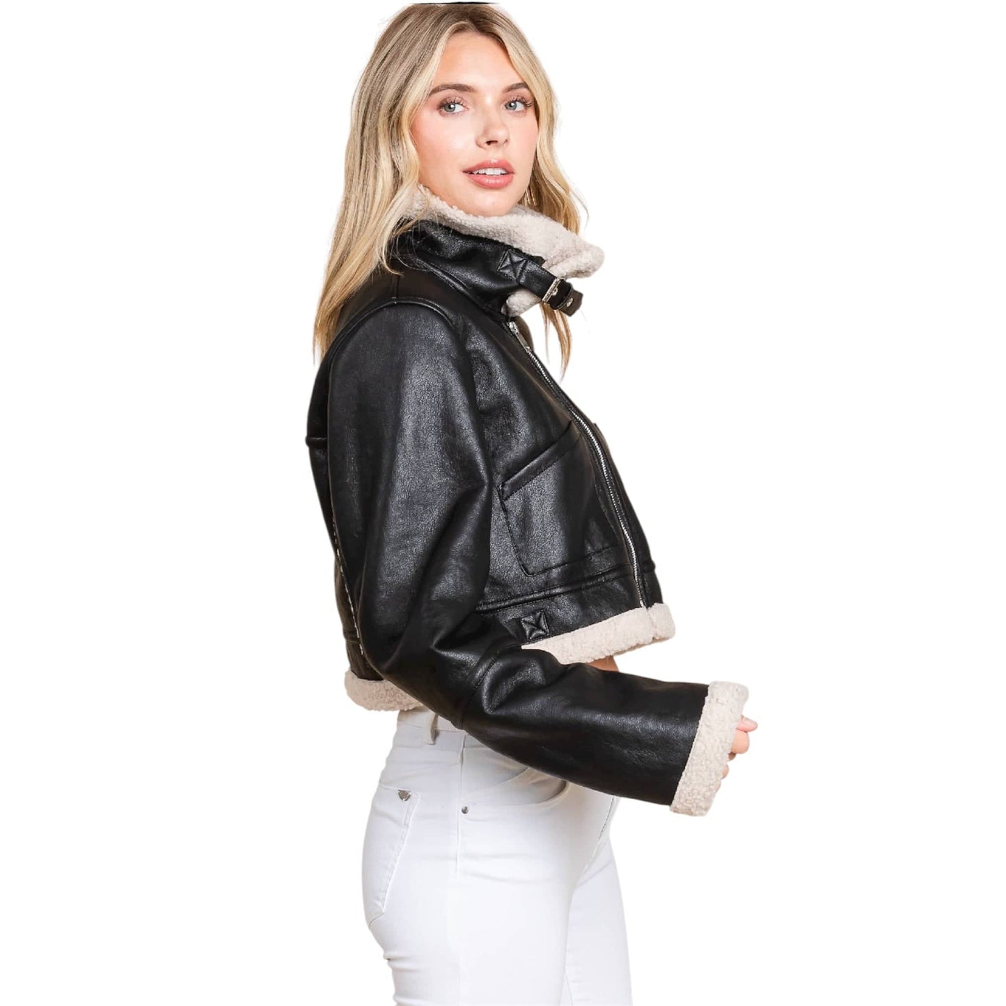 Black Faux Leather Sherpa Jacket