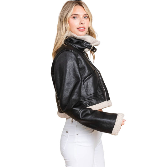 Black Faux Leather Sherpa Jacket