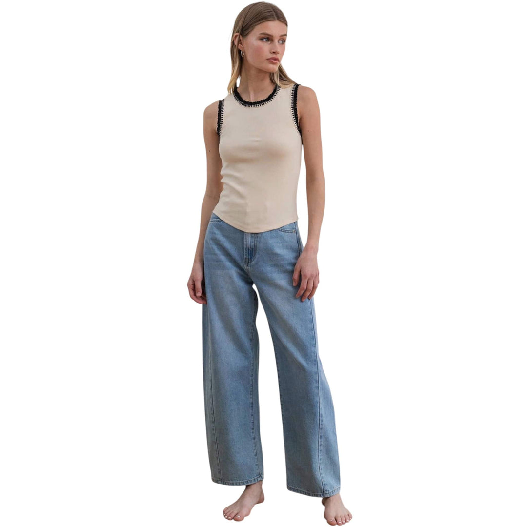 Cream Contrast Crochet Trim Rib Tank Top