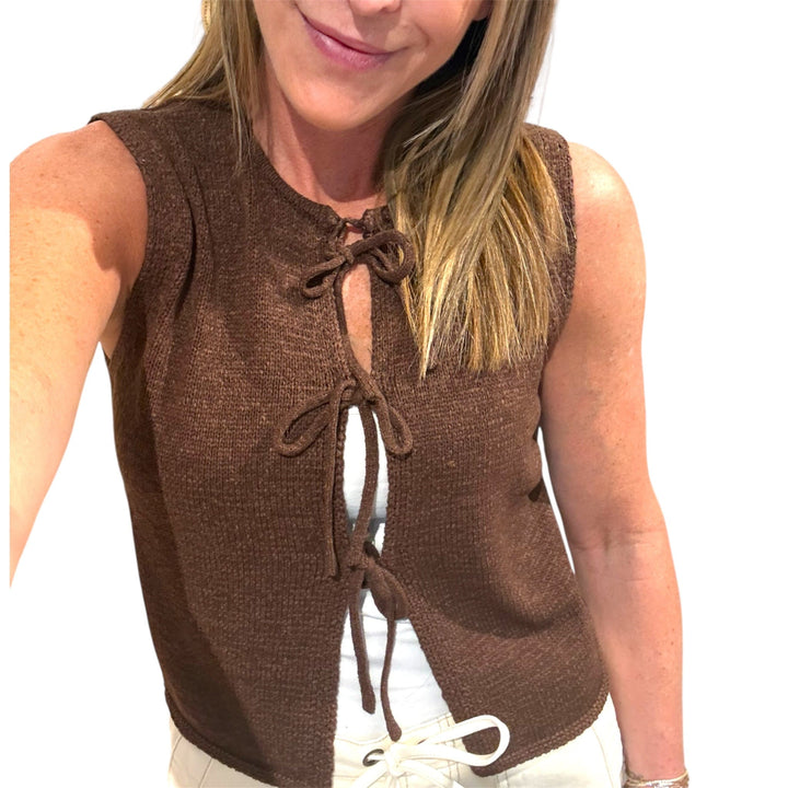 Brown Knit Tie Front Sweater Vest