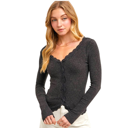 Charcoal Button Down Lace Trimmed Cardigan Top