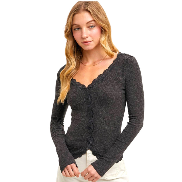 Charcoal Button Down Lace Trimmed Cardigan Top