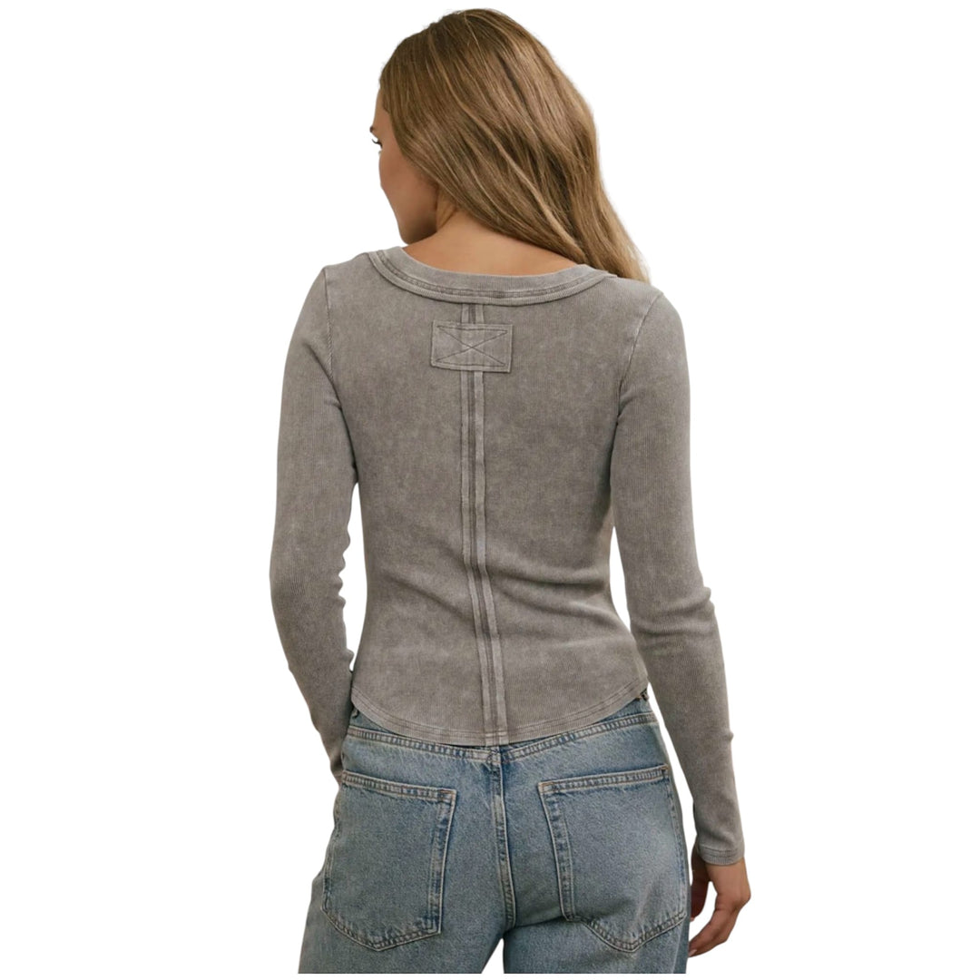 Grey Washed Ribbed Long Sleeve Henley Top
