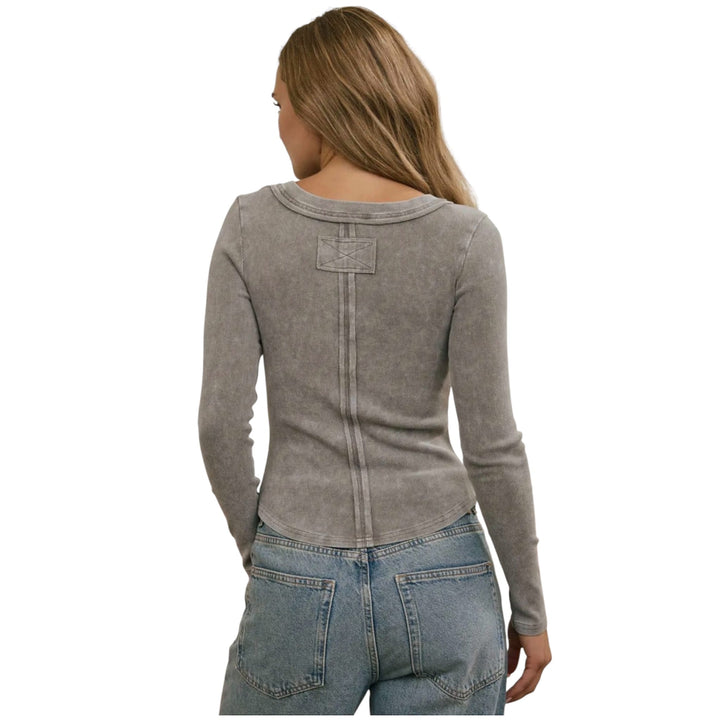 Grey Washed Ribbed Long Sleeve Henley Top