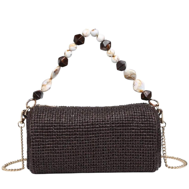 Brown Straw Clutch with Beaded Handle