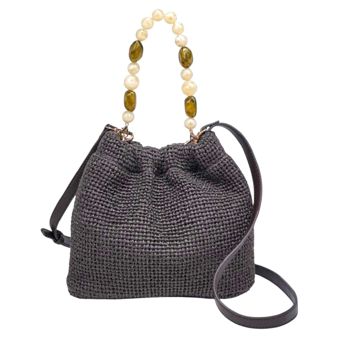 Brown Woven Crossbody Purse with Bead details