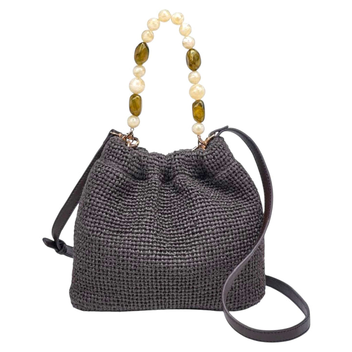 Brown Woven Crossbody Purse with Bead details