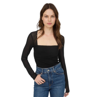Sheer Square Neck Long Sleeve Ruched Waist Top