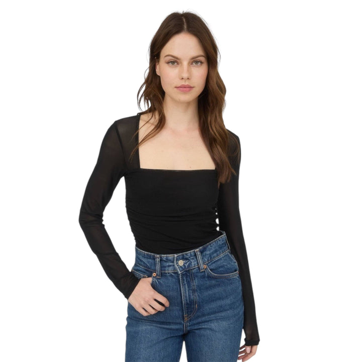Sheer Square Neck Long Sleeve Ruched Waist Top
