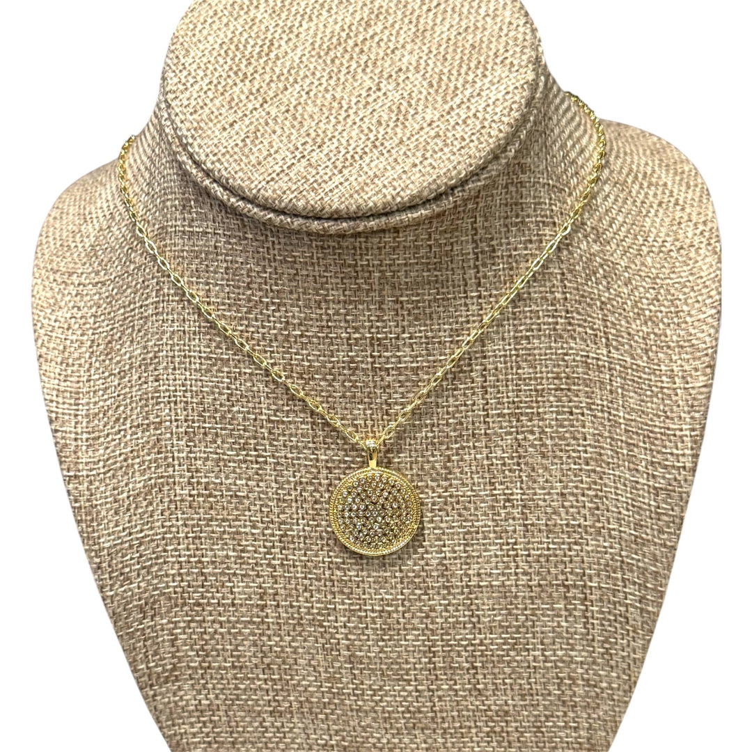 Gold CZ Micro Pave Round Honeycomb Shape Pendant Necklace