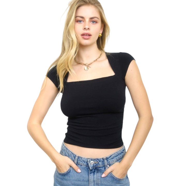 Black Short Sleeve Square Neckline Knit Top