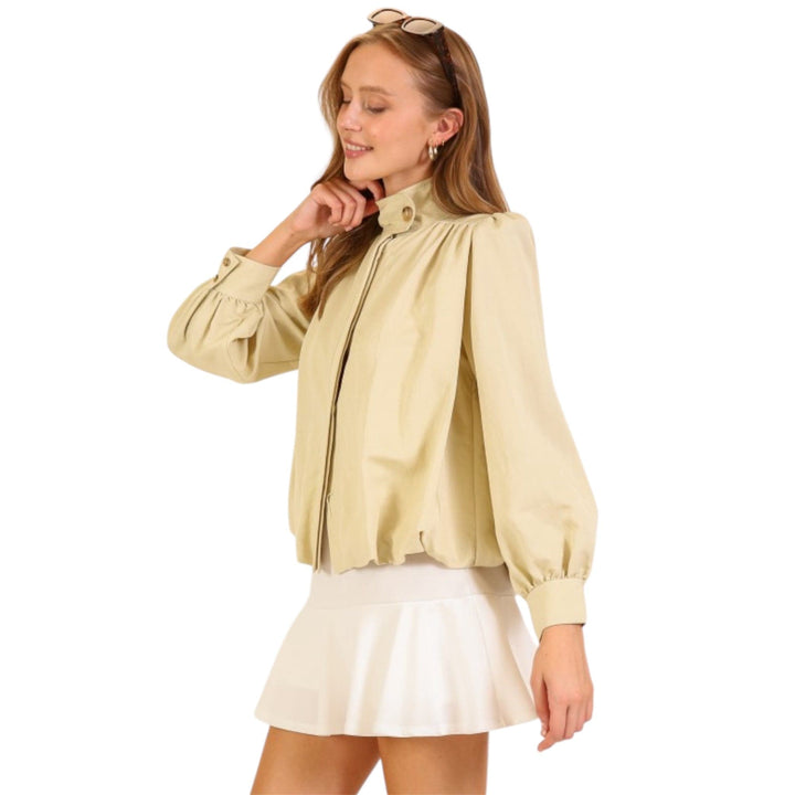 Gathered Mock Neck Jacket in Sage