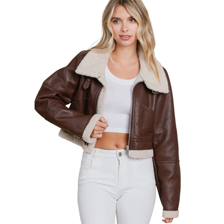 Brown Faux Leather Sherpa Jacket