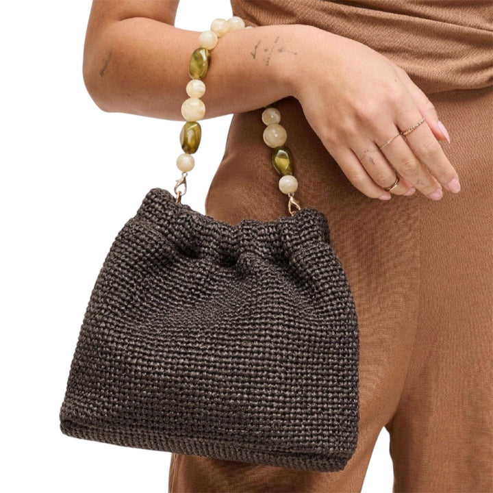 Brown Woven Crossbody Purse with Bead details