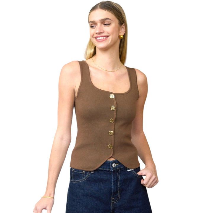Brown Knit Vest with Gold Button Detail