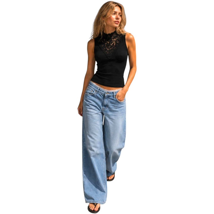 Black Lace Mock Neck Ribbed Tank Top (PREORDER)