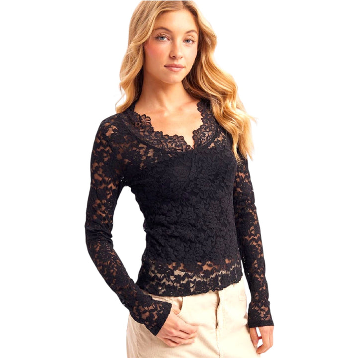Black Lace V Neck Long Sleeve Top