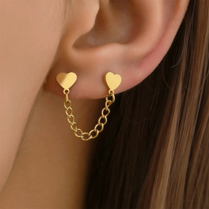 Gold Heart Double Piece Chain Lined Earrings
