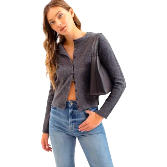 Charcoal Grey Round Neck Button Down Cardigan Sweater