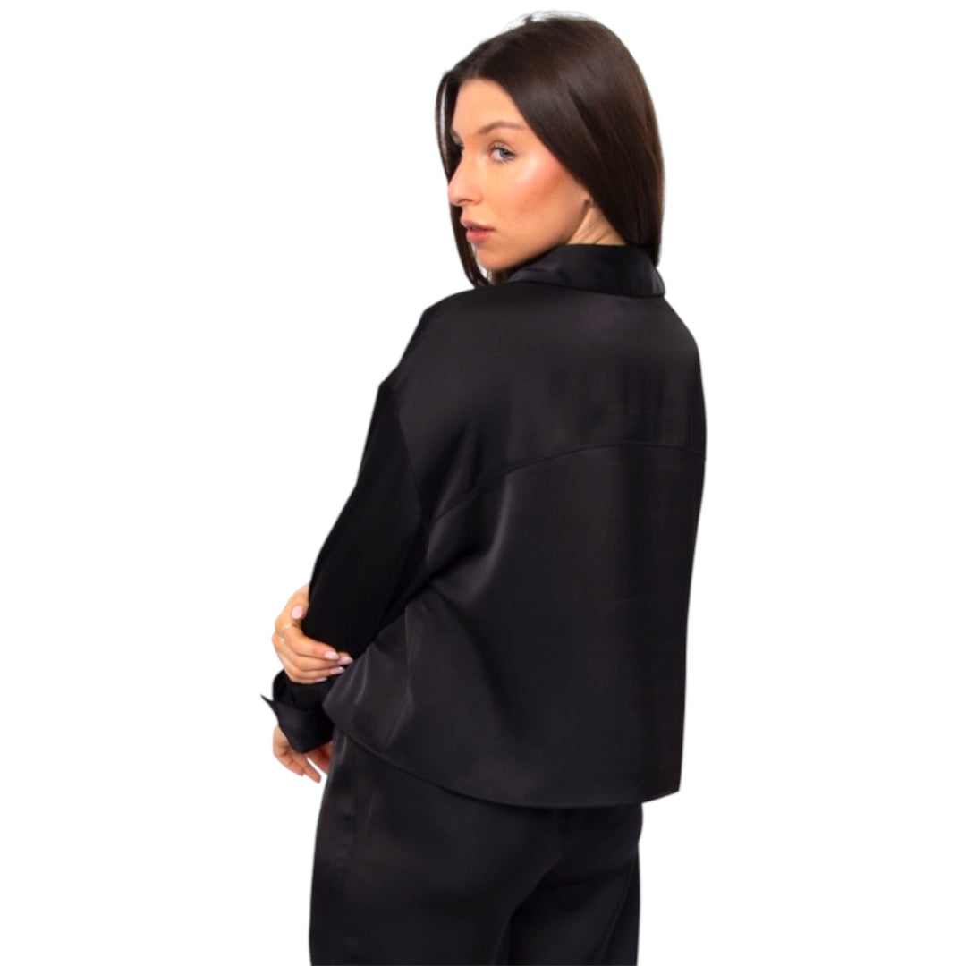Black Silk Cropped Button Down Shirt