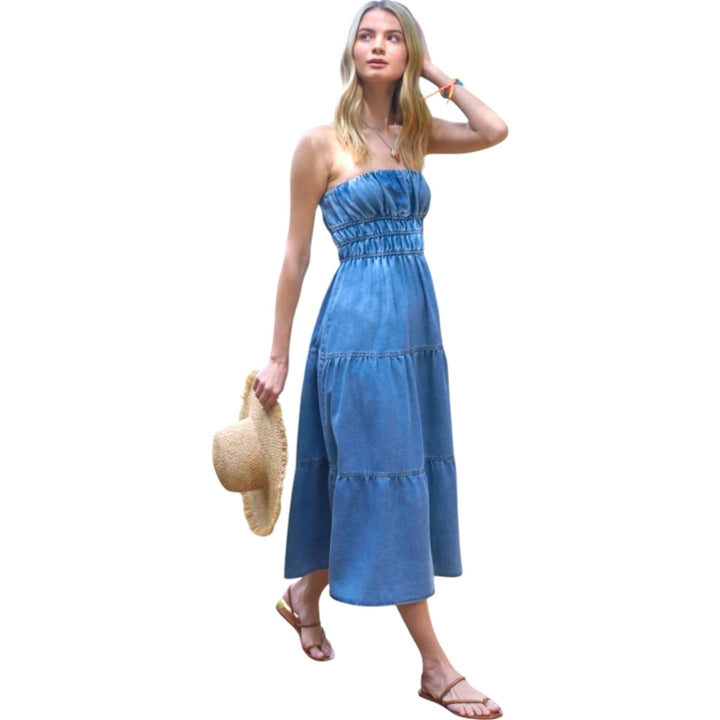 Strapless Shirred Tiered Denim Midi Dress