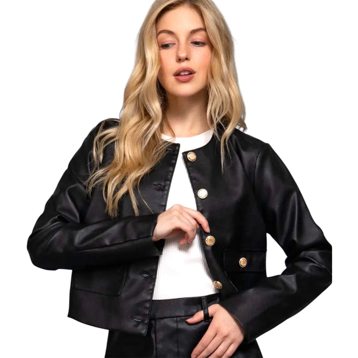 Black Button Down Faux Leather Jacket