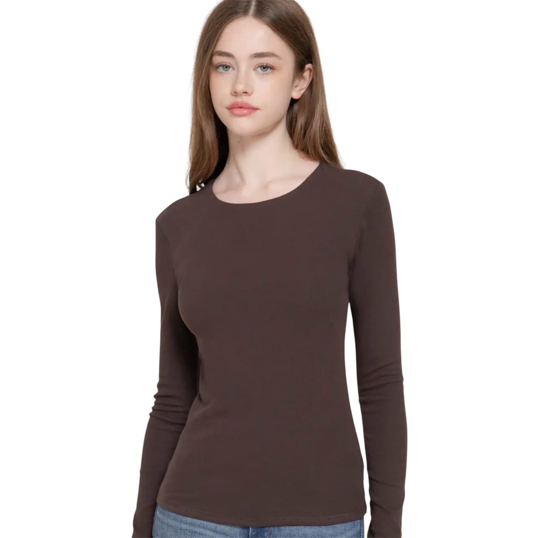 Brown Long Sleeve Round Neck Rib Knit Top