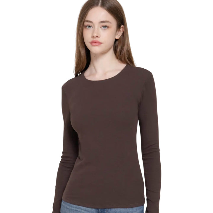 Brown Long Sleeve Round Neck Rib Knit Top