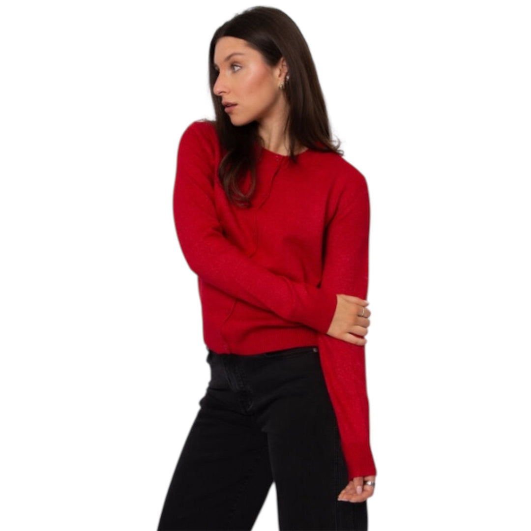 Astraea Long Sleeve Crew Neck Cardigan in Red