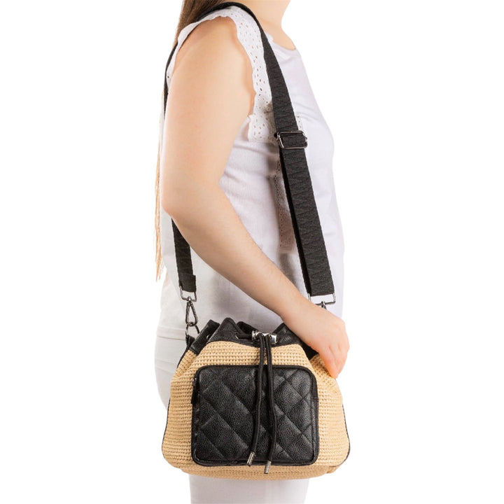 Beige Raffia Bucket bag with Black Leather Accents